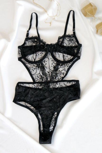 Siyah Balenli Dantelli Transparan Bodysuit