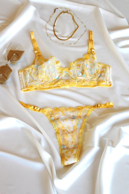 Sarı Balenli Dantelli Transparan İç Çamaşırı Takımı
