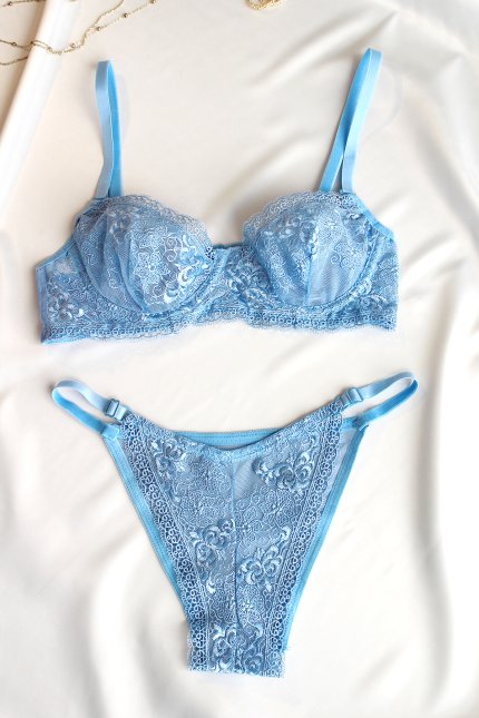 Mavi Balenli Dantelli Transparan İç Çamaşırı Takımı
