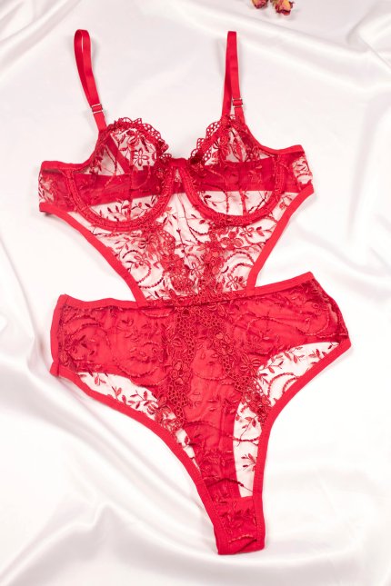 Kırmızı Balenli Dantelli Bodysuit