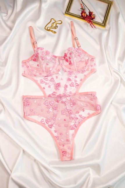 Pembe Kalp Desenli Balenli Dantelli Bodysuit