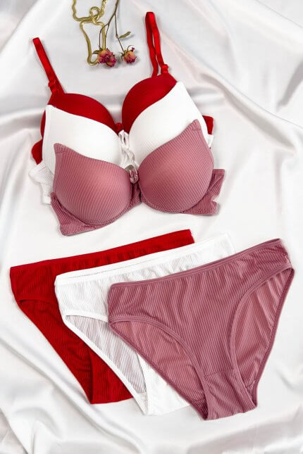 3'lü Beyaz, Kırmızı ve Pembe Çizgili Destekli Sütyen Takımı